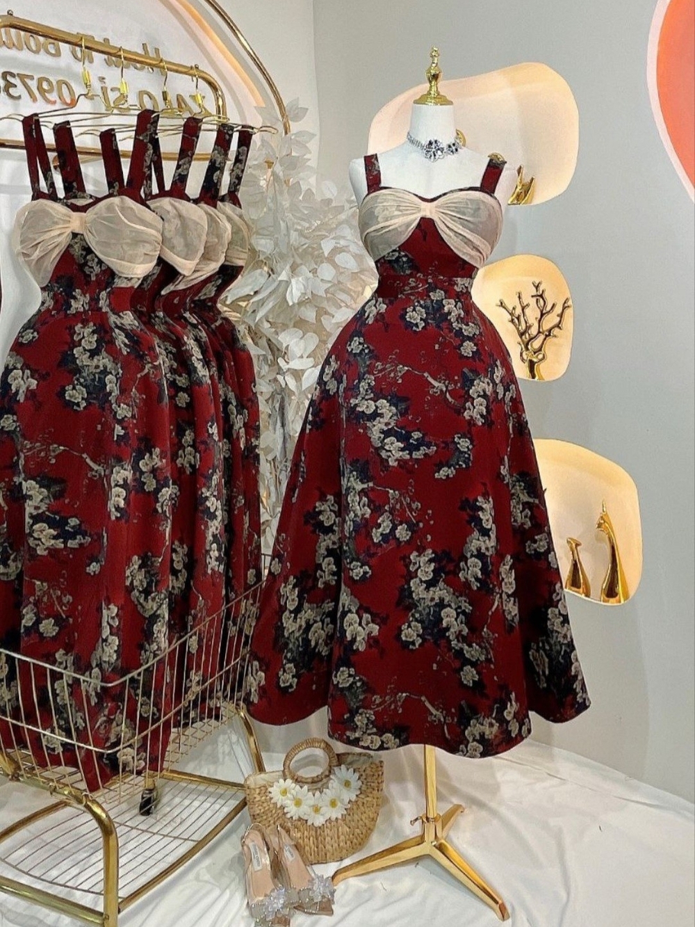 Maroon  Floral Midi Dress with Cream Bust With 2 Side Pockets